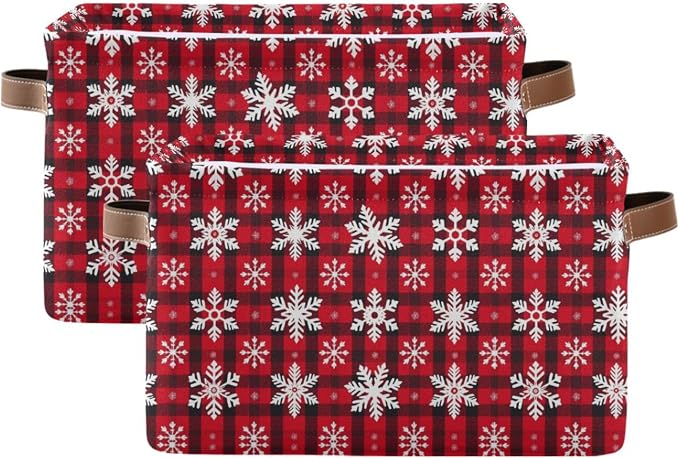 Christmas Red Buffalo Plaid Storage Basket with Waterproof Liner and PU Handles Winter Snowflake Checker Storage Bins Boxes 14.2" Collapsible Decorative Baskets for Bedroom Closet Office 2 Pack