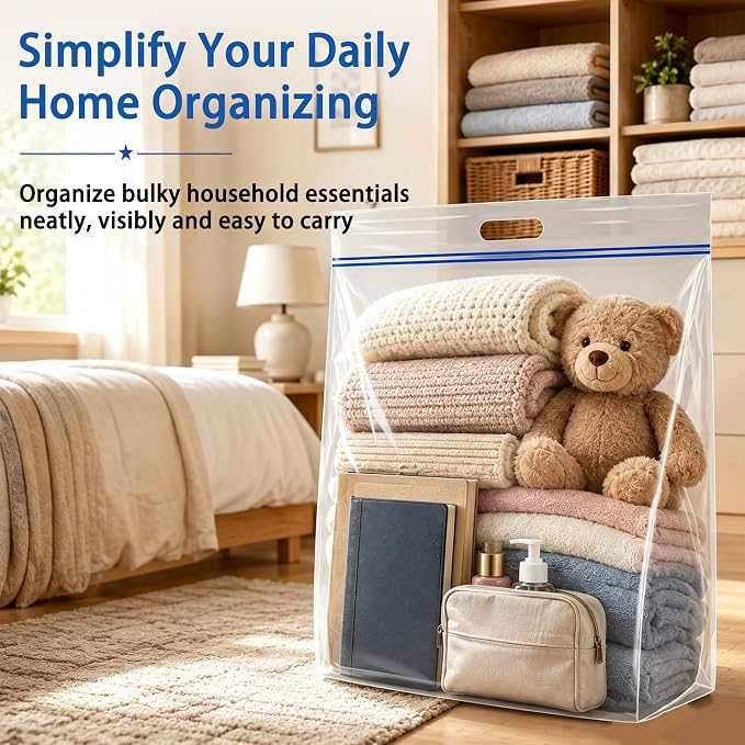 Extra Large 25 Gallon Storage Bags - 35” x 24” with Resealable Zip and Carry Handle, Ideal for Clothes, Pillows, Moving and Travel, Set of 10