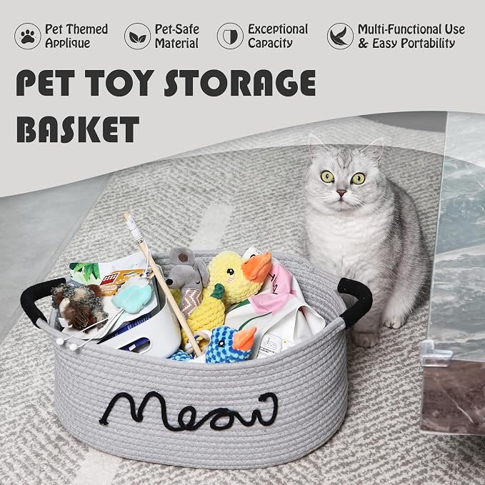 Sea Team Cat Toy Storage Basket with Handles, Gray Meow | Large Cotton Rope Storage Bin, Shelf Basket, Organizer for Pet Chew Toys, Foods, 16.5 x 11 x 7 Inches, 4.4 Gallons