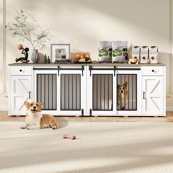 Verano Garden 88" Dog Crate Furniture, Dog Kennel Cage, White (88") | 2-in-1, Lockable, Decorative, Sliding Door, Removable Divider, Adjustable Shelf, Farmhouse, Heavy Duty, Small Medium Dogs