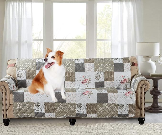 Brilliant Sunshine Pink Rose & Grey Toile Patchwork Couch Cover, 78" seat | Quilted Sofa Cover, Living Room & Bedroom Furniture Protector, Extra Large Washable Slipcover for Pets, Dogs & Cats