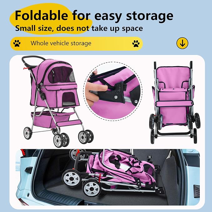 FDW Pet Stroller 4-Wheel Dog Cat Stroller Travel Folding Carrier Puppy Stroller with Cup Holder and Removable Liner for Small Medium Dogs Cats, Pink