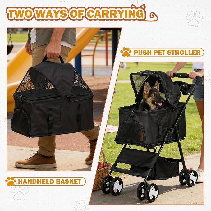 ZENY Pet Stroller, 3 in1 Foldable Dog Cat Jogger Stroller with 4 Wheels | Detachable Basket and Cup Holder, Travel Folding Carrier for Small/Medium Pet (Black)