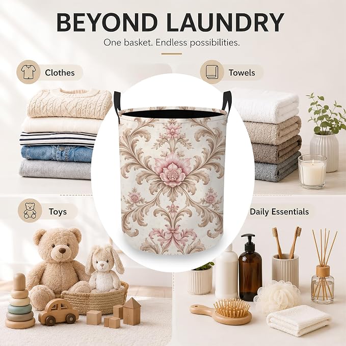 Vintage Floral Laundry Basket, Damask Leaves Collapsible Laundry Hamper Waterproof Oxford Cloth With Handles, Clothes Storage Bucket For Bathroom/Bedroom 16" x 20.8"