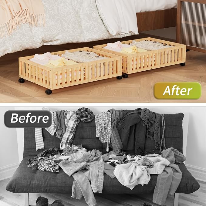 Under Bed Storage with Wheels, 2 Pcs Bamboo Drawers for Clothes and Toy | 360° wheels glide smoothly, Sturdy bamboo frames hold clothes, shoes, bedding and toys. Easy pullout access keeps rooms tidy