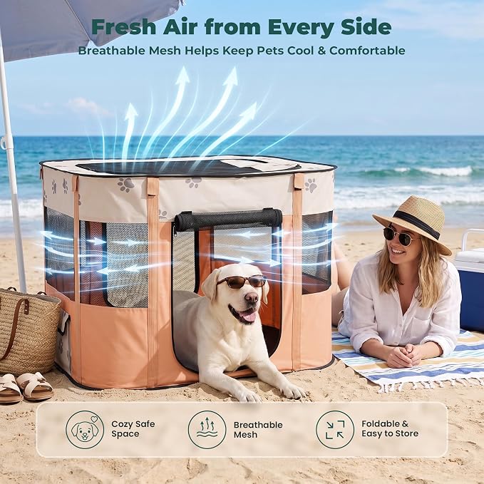 Avont Portable Pet Puppy Dog Playpen, Foldable Cat Playpen, Indoor/Outdoor | Water-Resistant Breathable Shade Cover, Travel Camping Use for Small Animals with Carrying Case, (M/Orange)