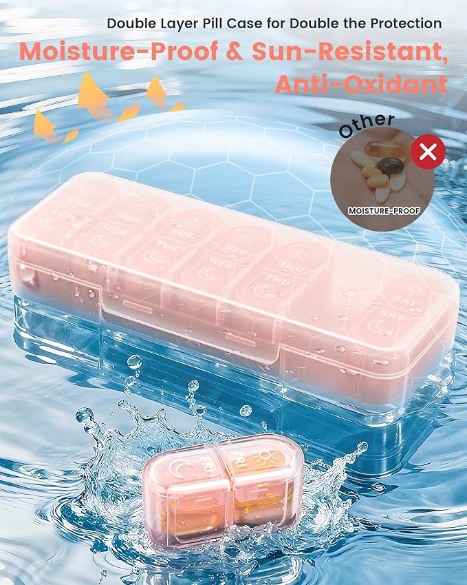 Pillex Weekly Pill Organizer 2 Times a Day, Daily AM PM Pill Box Case 7 Day with Large Openings for Easy to Use, Travel Medicine Container for Medication, Vitamins, Supplements - Pink