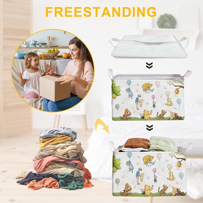 Winnie Basket,the Pooh baby Stuff,Winnie Nursery Decor Laundry Hamper With A Waterproof PECoating, Foldable, Bathroom and Bedroom SetClothes ,Toys Bin, Baby Nursery Hamper Decor