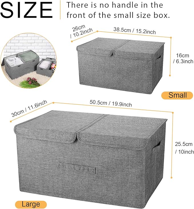2 Pack Storage Boxes with Lids and Handles, Collapsible Linen Storage Bins Organizer Containers Baskets Cube with Removable Divider for Home Bedroom Closet Office (Orange, Large)