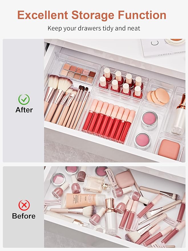 SMARTAKE 16 PCS Drawer Organizer, 5-Size Desk Bathroom Drawer Organizer | 5-Size Storage Tray with Non-Slip Silicone Pads for Makeup, Jewelries, Utensils in Bedroom Dresser, Office and Kitchen, Clear