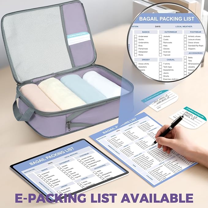 BAGAIL Lightweight Compression Packing Cubes for Travel, 6 Set,Dusty Purple | Salis Nylon Fabric,Anti-Tearing,Save Space,SBS Zippers,Packing List,PVC Tag Pocket,Custom Labels,Visible Mesh,Portable Handel