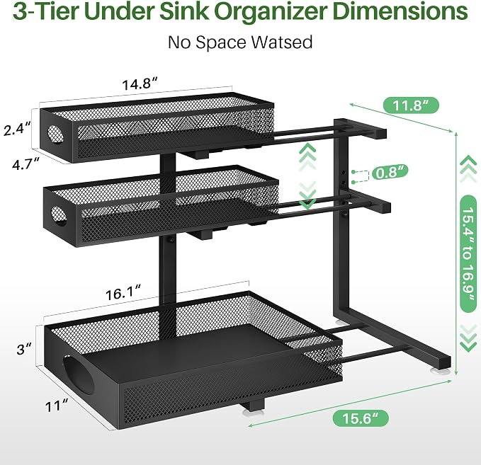 Kitstorack Under Sink Organizer 3-Tier Slide Out Drawer 2-Pack Black | Height Adjustable, Metal Mesh Storage Rack, Pull out Cabinet Organizer Shelf for Bathroom Kitchen Pantry Home Organization