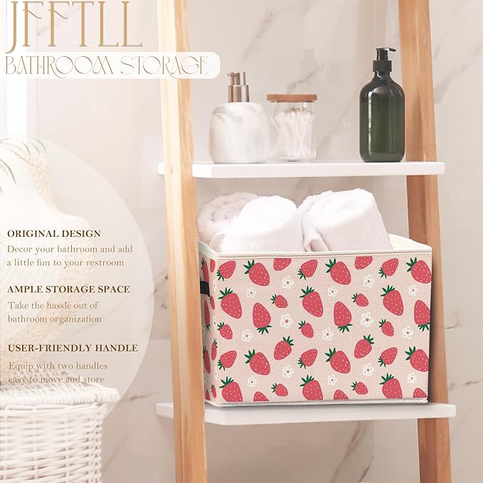 Pink Strawberry Storage Bins with Handles, Aesthetic, Preppy Cute Floral Strawberry Fruit Collapsible Laundry Basket Storage Box for Home Bedroom Bathroom Clothes Toys Books