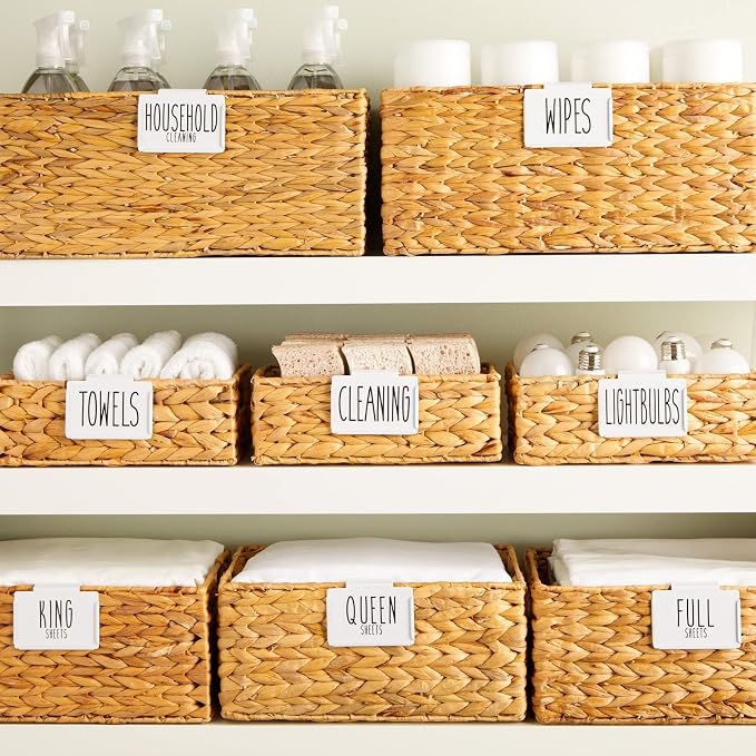 Talented Kitchen Storage Bin Label Holder Set - Easy-On Clip-On Tags for Storage Bins - 70 Preprinted Pantry Labels for Containers & Baskets - 8-Pack, 3.5" x 2.5", White