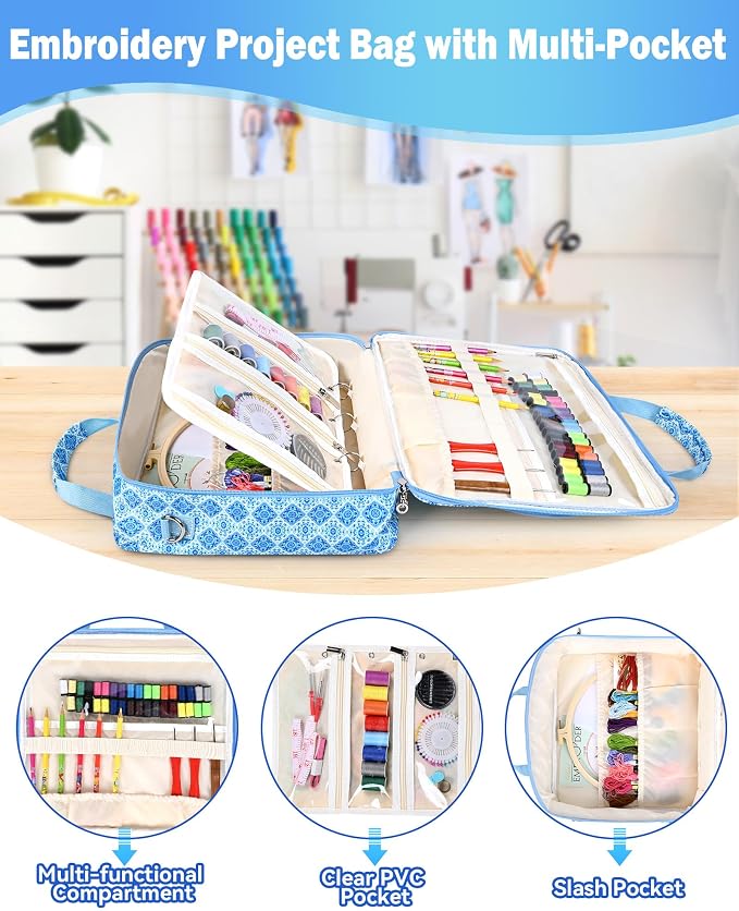 Telawsfun Embroidery Project Bag Organizer, Embroidery Supply Storage Bag with Removable Binder, Portable Carrying Tote for Thread Tools and Accessoriess, Bag Only