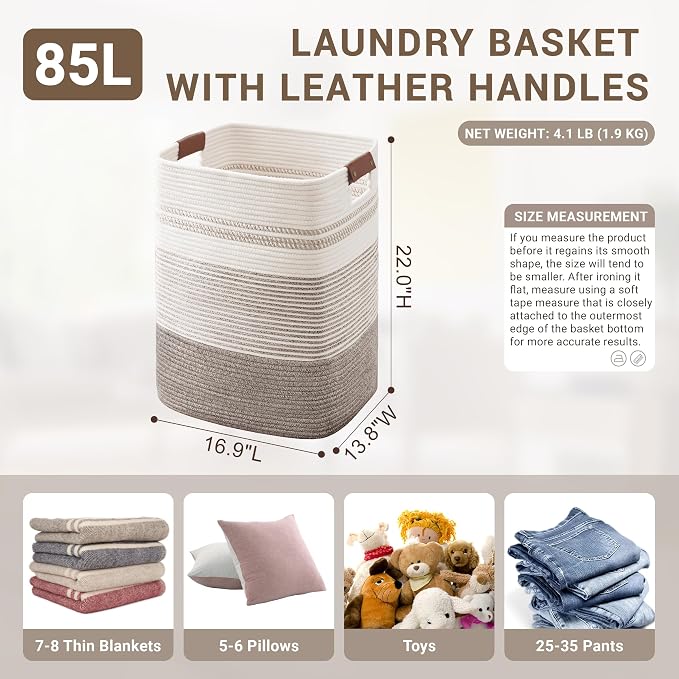 85L Tall Woven Laundry Basket Hamper with Leather Handles,DarkBrown | collapsible wicker hamper, storage for dirty clothes, toys, blankets, gifts, living room, bedroom, bathroom, 17"x14"x22"