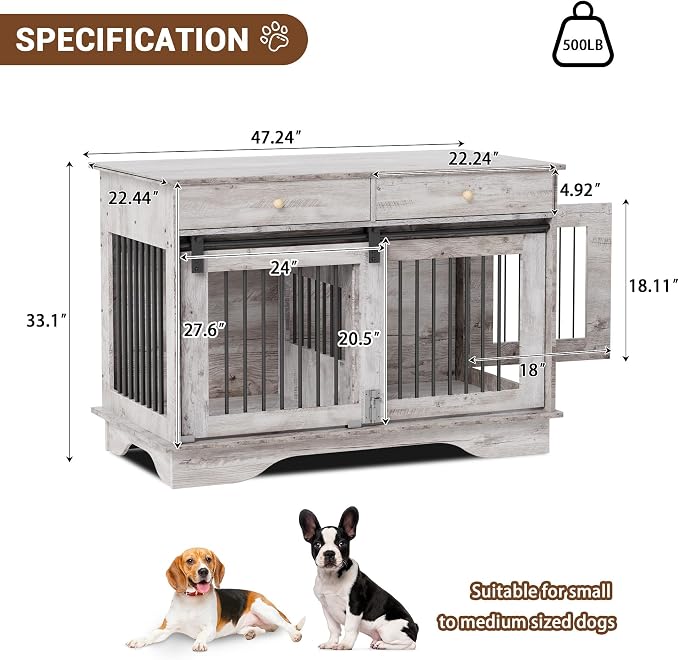 Garvee 47" Large Dog Crate Furniture, Wooden Dog Kennel End Table | with 2 Storage Drawers, Removable Divider & Sliding Door, Heavy Duty Decorative Pet Cage for Small, Medium, Large Breeds