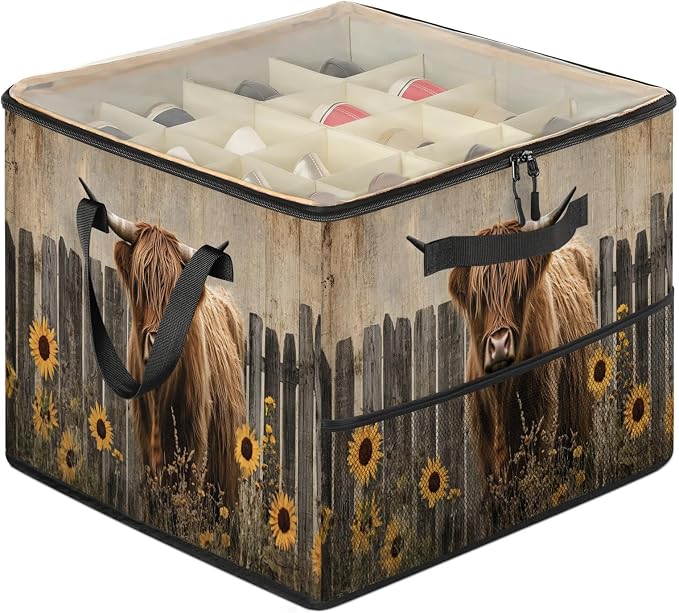 TropicalLife Brown Highland Cow Shoe Organizer for Closet | Farmhouse Country Foldable Shoe Storage Organizer Box Bin with Adjustable Dividers & Clear Cover, Fits up to 16-32 Pairs