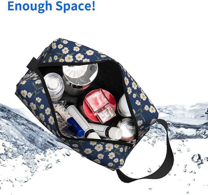 Navy Blue Daisy Makeup Bag - Durable 600D Oxford Fabric Travel Cosmetic Bag, Shockproof Foam Padded Toiletry Organizer for Gym & Daily Use 10x6.2x4.9 Inch