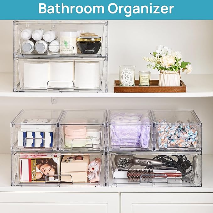 Vtopmart Clear Stackable Storage Drawers, 6 Pack Wide Organizer Set | Wide and Small Pull-Out PET Drawers for Flexible Sorting, Stackable Storage Solution for Cabinets, Closets, Pantry