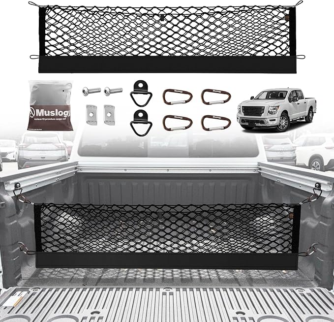 Muslogy Cargo Net for Nissan Titan 2017-2025 2026 Accessories | Custom Fit, Truck Bed Storage Organizer Net for Pickup Truck Bed Divider, Heavy Duty Carabiners, Night Visible Grab Handle