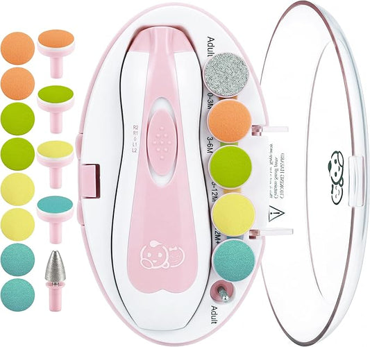Royal Angels Upgraded 21 in 1 Baby Nail Trimmer with Labeled Case, 13 Extra Replacement Pads, Safe Electric Baby Nail File Kit for Newborns & Toddlers, Whisper Quiet Nail Clipper with LED Light (Pink)