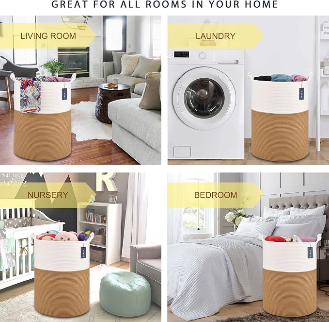 COMSE Tall Woven Blanket & Laundry Basket, 72L, White & Camel | 15.7”x 21.7”, Cotton Rope, Large Nursery Hamper for Storage of Toys Clothes Towels, Great for Living Rooms Bedrooms Bathrooms
