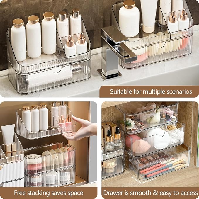 Medicine Cabinet Organizer 3 Tier, Stackable Bathroom Makeup Organizers | Small Bathroom Mirror Cabinet Storage with 2 Drawer and 1 Tray for Wall Cabinet，Closet，Vanity, Countertop, Clear