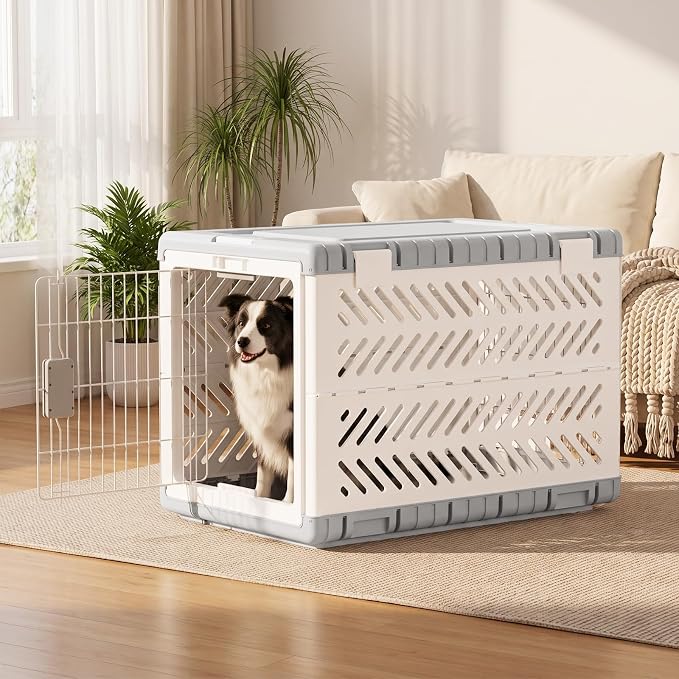 36" L Travel Dog Crate -Collapsible Dog Crate for Large/Medium Dogs, No Tools Required with Space Saving Design,Portable Foldable Dog Carrier with 2 Smooth Wheels,Handles for Easy Moving,Grey