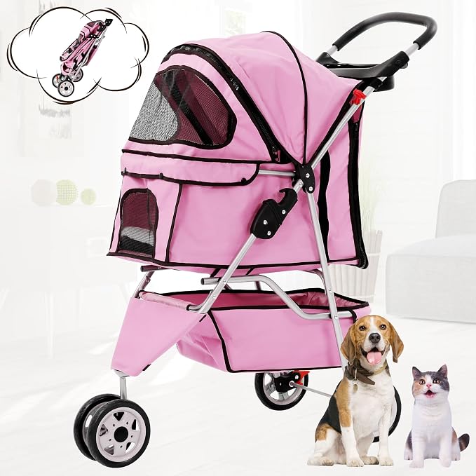BLKMTY Folding Dog Stroller, 3 Wheels Pet Stroller, Foldable Cat Strollers Waterproof Travel Carrier Strolling Cart for Puppy Jogger with Cup Holder & Storage Basket, Pink