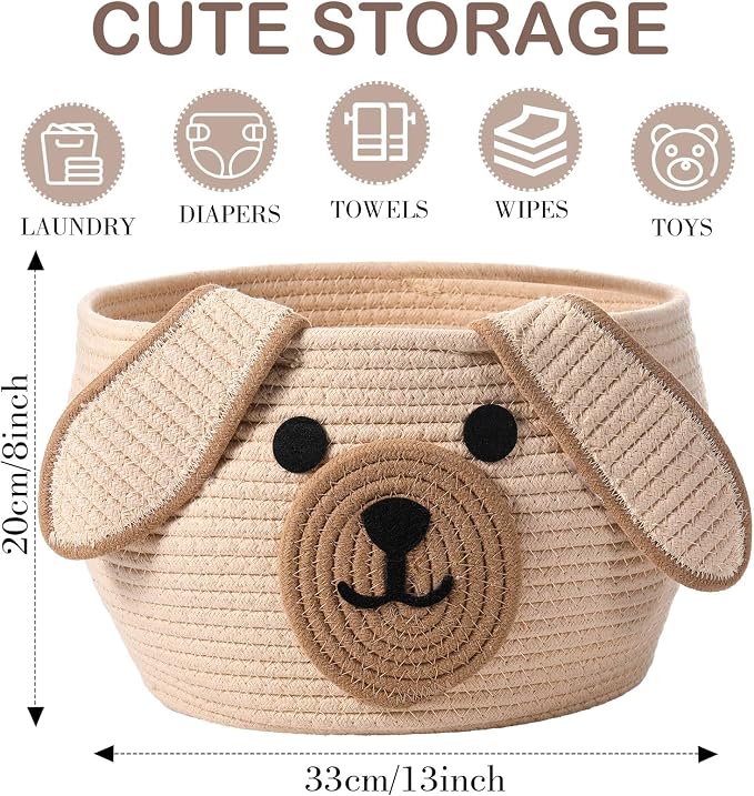 Zopeal Woven Dog Basket with Handles for Toy Storage,Khaki,13 x 8 Inch | Pet Gift Basket, Toys Storage Organizer, Cotton Rope Rectangular Bin, Keeps Puppy Items Organized, Sturdy Handles