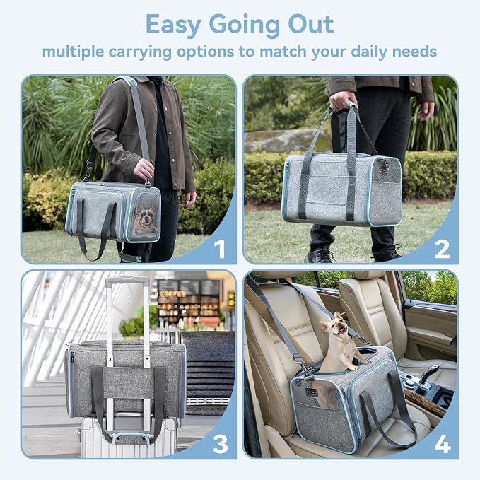 Petsfit Large Expandable Cat Carrier for Travel, Up to 18 lb | 19 x 12 x 12 in; roomy expandable space with a reinforced frame, locking zippers, interior safety tether and large pocket.