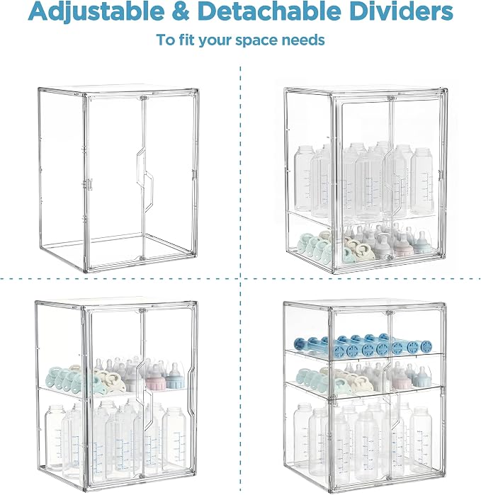 HBlife Baby Bottle Storage Organizer for Countertop Cabinet, 3 Tiers Adjustable Clear Acrylic Bottles Storage Station Case Box Container with 2 Removable Dividers and Magnetic Double Door, X-Large