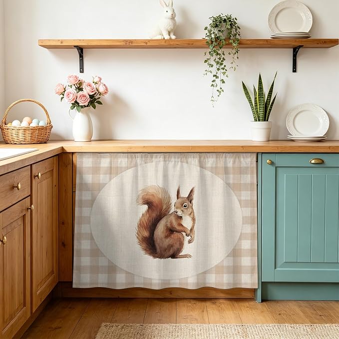 Squirrel Plaid Oven Skirt Curtain for Kitchen Decor 28"x35", Rustic Farmhouse Checkered Retro Animal Self Adhesive Stove Curtains Skirt Cabinet Curtains for Bathroom Laundry Room