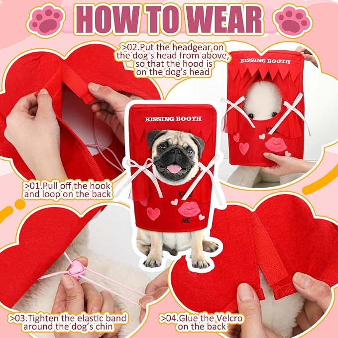 Hallowen Dog Kissing Booth Costume Headpiece for Pets, S/M | Hallowen Pet Headwear for Dogs Cats with Red Fabric Hearts, Valentine Party Birthday Photo Prop, Fun Costume Gift for Pups