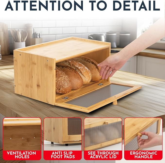 Large Bamboo Bread Box for Kitchen Countertop Acrylic Window, Extra Storage | Bread Box for Homemade Bread with Large Storage Capacity, Acrylic Window and Extra Top Storage