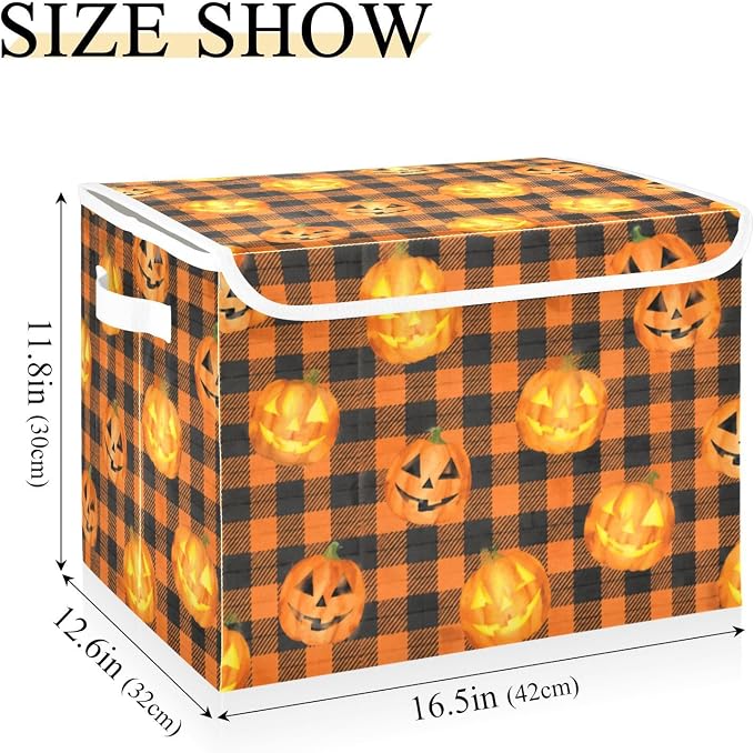 Storage Bins with Lid Halloween Pumpkin Foldable Storage Boxes 40L Baskets | Decorative Storage Boxes, 300D Oxford Cloth, Hollow Board Frame, Flip Top Velcro Lid, 16.5x12.6x11.8 inch, Collapsible Design