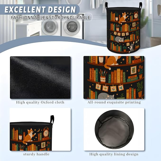 Vintage Cat Bookshelf Laundry Basket, Retro Book Clock Floral Star Storage Hamper, Round Collapsible Waterproof Cloth Bin, 19.7x15.7 Inch Cute Clothes Organizer Gifts for Bathroom Decor