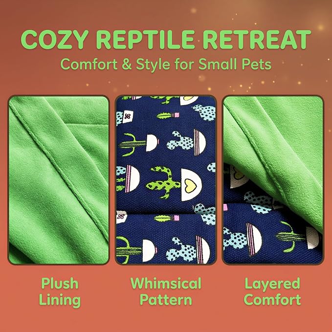 Reptile Sleeping Bag with Pillow and Blanket, Soft Canvas Bearded Dragon Sleeping Bag, Cactus Pattern Hideout Habitat, Cozy Bed for Leopard Gecko, Lizard, Hamster, Small Pets, Blue and Green