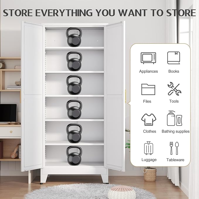 GAIOUS 75.2" Tall Pantry Cabinet,Kitchen Pantry Storage Cabinet with 2 Door | and 5 Adjustable Shelves, White Metal Pantry Storage Cabinet, Cupboard for Kitchen, Dining Room, Living Room and Bathroom