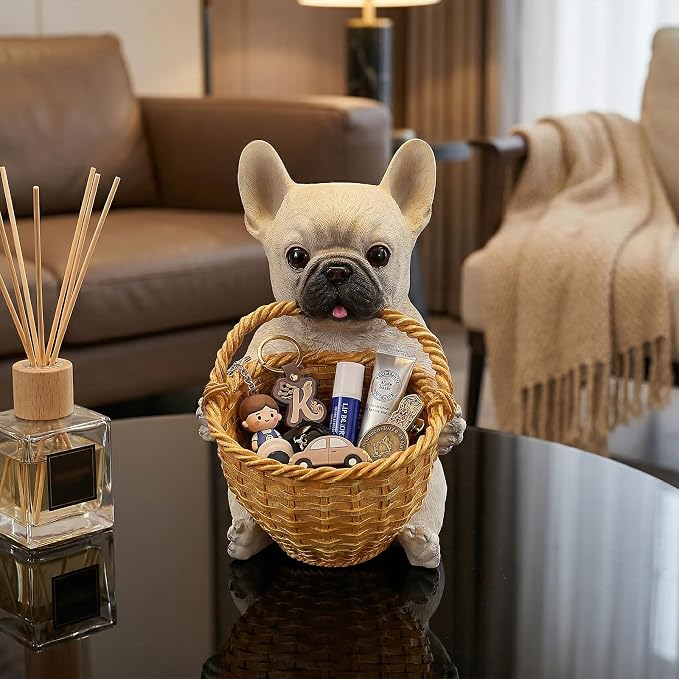 Cute French Bulldog Candy Bowl, Resin Dog Figurine Key Bowl for Entryway Table, Desktop Storage Basket Organizer for Desk, Unique Frenchie Lover Gift