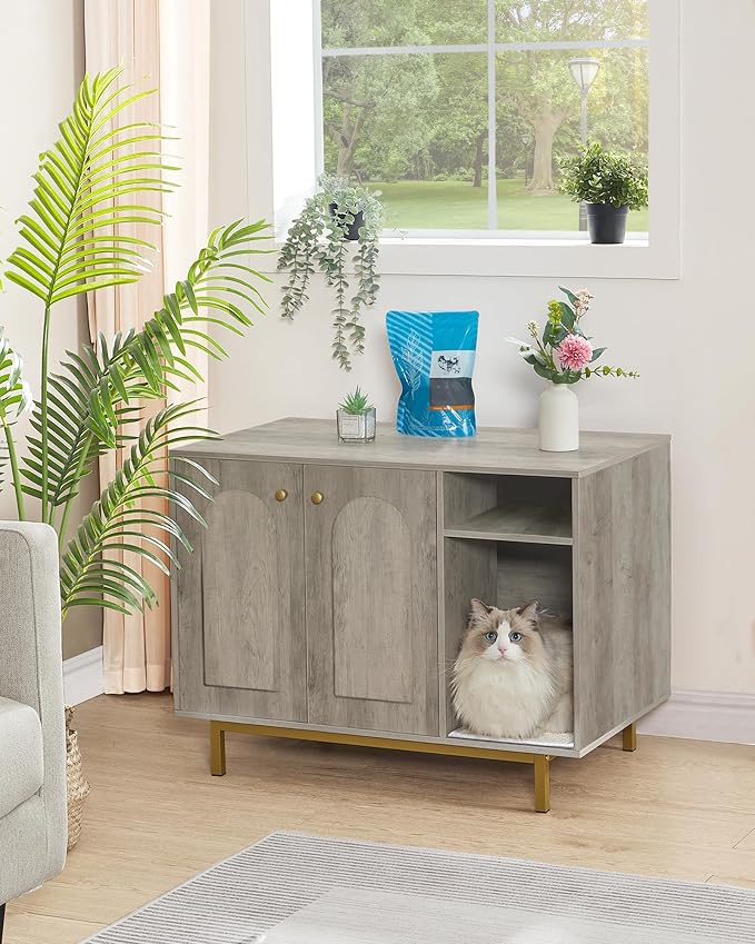 Hzuaneri Cat Litter Box Enclosure, Hidden Litter Box Furniture with Storage | Large Wooden Cabinet with Sisal Mat, Modern Cat Washroom for Living Room, Bedroom, Entryway, Greige and Gold CB01505G