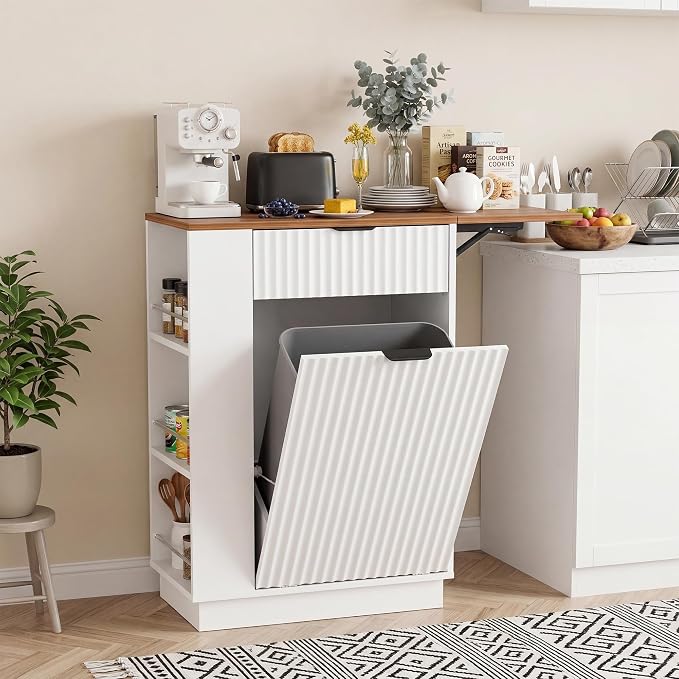 10 Gallon Tilt-Out Trash Can Cabinet with Drop Leaf, Drawer & Side Shelves.