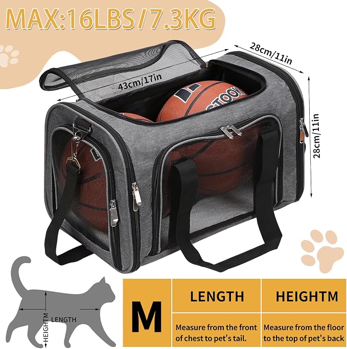 Soft-Sided Cat/Dog/Pet Carrier, Collapsible Pets Travel Carriers | for Big Cats/Small Dogs with Shoulder Strap & Removable Mat, Mesh Puppy Carry Bag,Up to 16 Lbs,TSA Airline Approved-Dark Grey