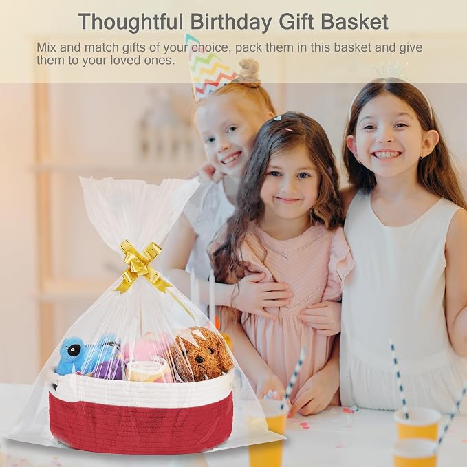 Small Woven Gift Basket with Bag & Ribbons, Red | Cotton Rope, 13”x 9”x 5.5”, Fits for Kids, Women & Men, Bedroom, Living Room, Nursery & Bathroom Storage, Cat & Dog Toy Boxes
