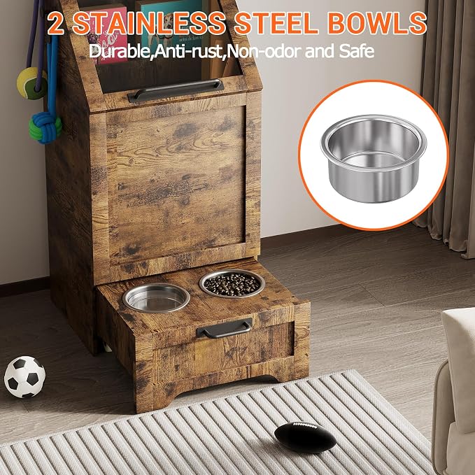 Top Opening Dog Feeding Station, Wooden Dog Food Storage Cabinet with 2 Elevated Dog Bowls, 3 Hooks, Hidden Design, Large Pet Food Storage and Feeding Station for Dogs, Cats, Retro