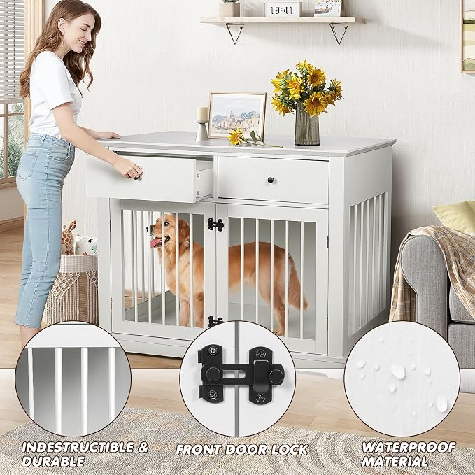 44inch Large Dog Crate Furniture with Storage Drawers for Indoor, White | Large Decorative Wooden Dog Kennel Indoor with Storage Drawers, Multipurpose End Table Cage Suitable for Small Dogs