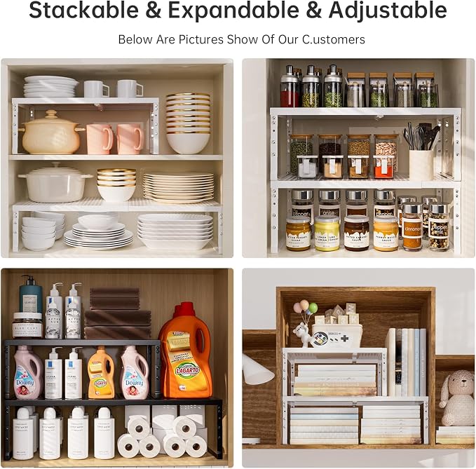 Expandable Adjustable Stackable Kitchen Organizer,Pantry Storage Shelves Racks,for cabinets Shelf, Kitchens, countertops, bathrooms,RV(2Packs/White,Medium)