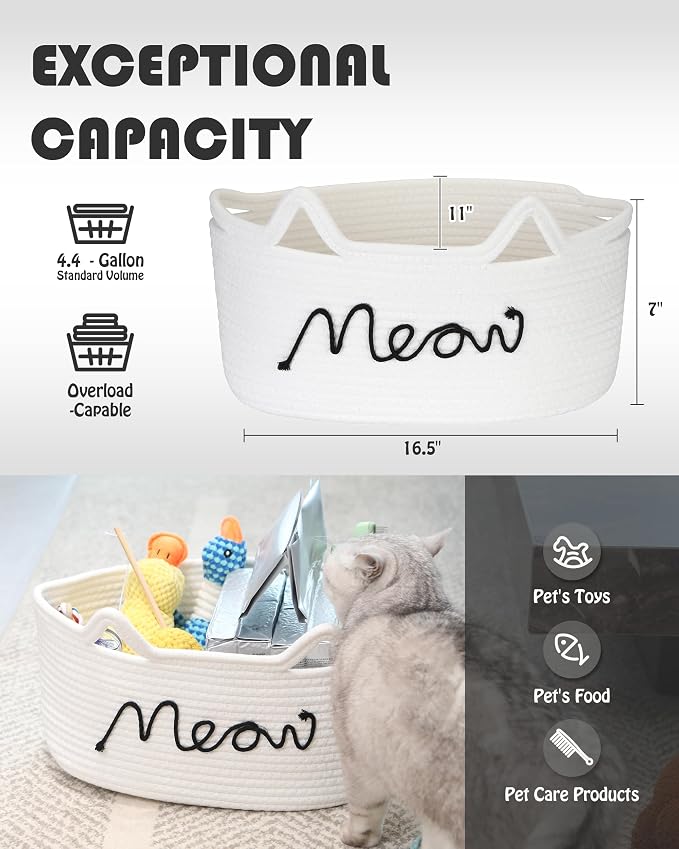Sea Team Cat Toy Storage Basket with Handles and Ears, White Meow | Large Cotton Rope Storage Bin, Shelf Basket, Organizer for Pet Chew Toys, Foods, 16.5 x 11 x 7 Inches, 4.4 Gallons