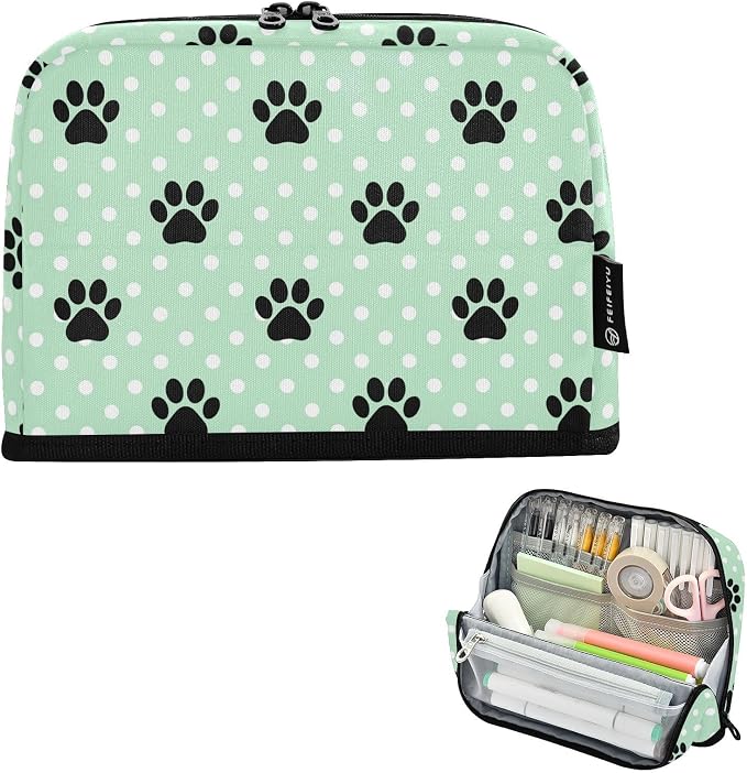 Aslsiy Large Capacity Pencil Case Pet Paws White Dots (2) Pencil Pouch for Boys Girls Portable Pen Bag Organizer Standing Makeup Bag for School Office Supplies